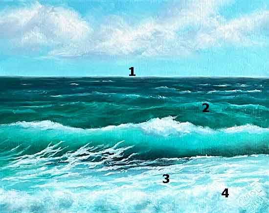 Paint the ocean highlight colors and finish the painting. Detail and finish the ocean painting.