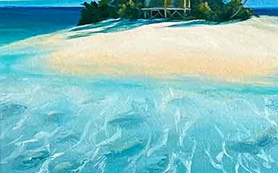 Shallow turquoise water around a tropical island. Shallow ocean water can be turquoise to aqua.