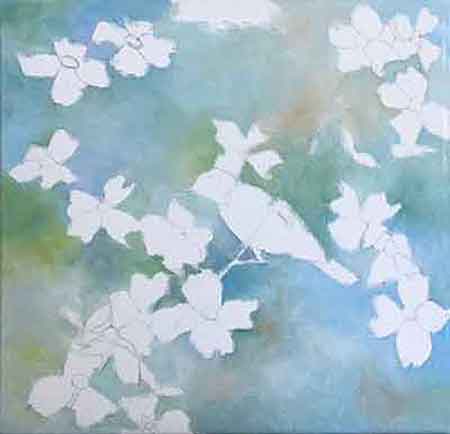 Paint the background around the bird and flowers.