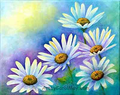 A daisy painting with an unequal number of flowers. Art by Carol May Use odd numbers for good composition in your paintings.