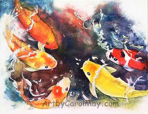 Watercolor painting on Aquabord, 11x14 Koi Challenge watercolor by painting artist Carol May