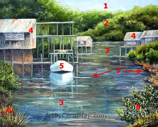 Paint a landscape painting step by step, from back to front. How do we start painting a landscape?
