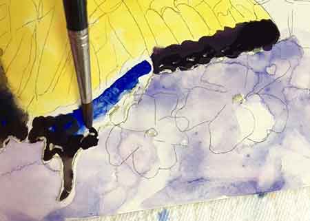 Paint the black edges of the wings of the Tiger Swallowtail butterfly. Step #3 of how to paint butterflies - paint the edge of the butterfly wings black.