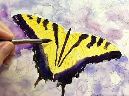 Now paint the veins with the tip of a round brush. Lightly paint the black veins in the butterfly wings.