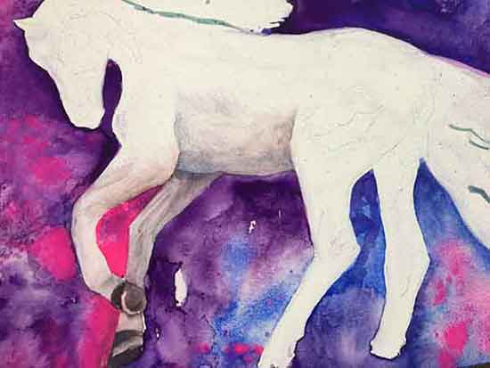 Mix complimentary colors for a soft shadow color. Start painting the shadow areas on the horse