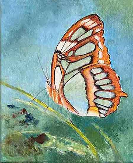 Colors may be mixed on the canvas as well as the palette. Continue painting the butterfly's background.