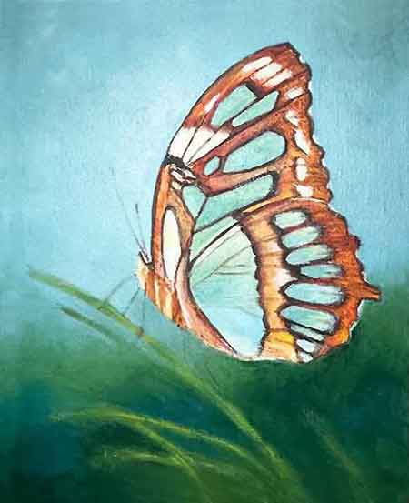 Paint around the grass blades. Finish painting the butterfly's background.