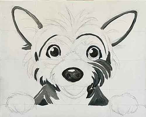 Underpaint the darks on the dog's fur. First start painting the dark colors on the dog.