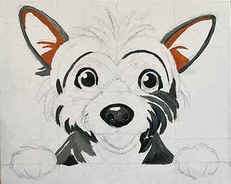 The shadows in the dog ears are painted with a muted Burnt Sienna. Paint the shadows inside the dog's ears.