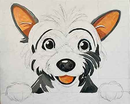 Complete the ears and paint the tongue. Continue painting inside the dog's ears and paint the tongue.