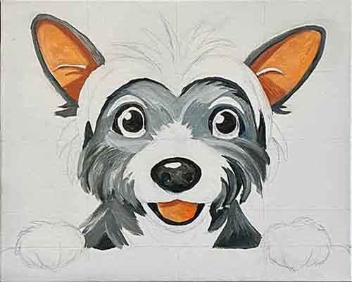 The lighter grey colors of the fur are painted. Paint the light colors of the dog's fur.