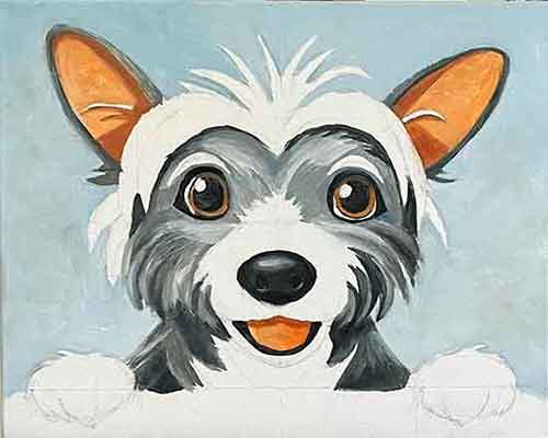 Complete the colors of the dog's eyes. Finish painting the dog's eyes. Don't forget the highlights.