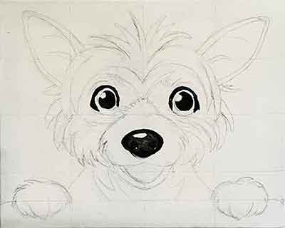 A dog drawing with the eyes and nose underpainted. Draw the dog on the canvas.