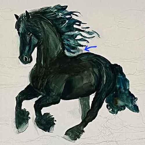 Underpainting the mane and tail of the horse.