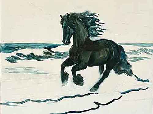 Paint the ocean horizon and beach foam lines.