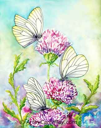 Painting butterflies on thistle flowers with watercolor.