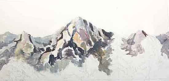 Use paint that has been thinned with solvent. Block-in the values of the mountains.