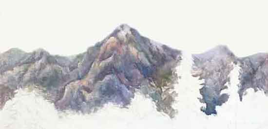 Paint another layer and blend it into the block-in colors on the mountains. Paint the top layer of color on the mountains.