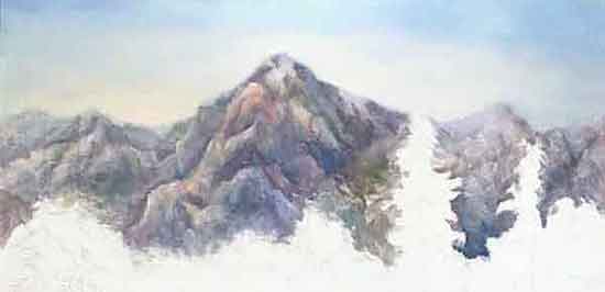 Paint the sky darker at the top and lighter toward the horizon. Paint the sky behind the mountains.