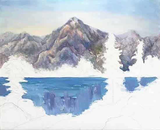 Paint the blue water and add variations of color. Paint the mountain lake in front of the mountain.