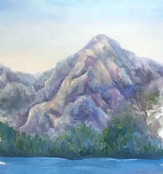 God's marvelous gift of mountains remind me of His majesty. Paint the distant trees at the base of the mountains on the edge of the lake.