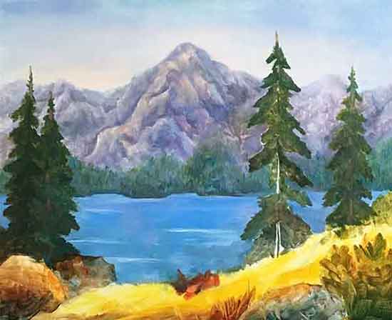 The underpainting is done with oil paint that is thinned with solvent. Start painting the foreground.