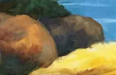 Leave the strokes indicate the texture of the rocks. Paint the foreground rocks with various colors.