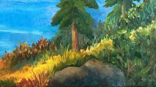Detail the foliage and rocks. Complete the foreground with some strokes of grass.