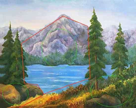 The artist leads the viewer's eyes around the landscape painting with the composition. Painting a landscape composition.