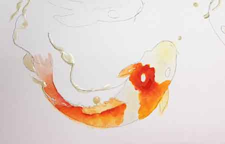 When painting the Koi, let the yellow and red flow together to make orange. Painting a watercolor koi fish-let the color merge.