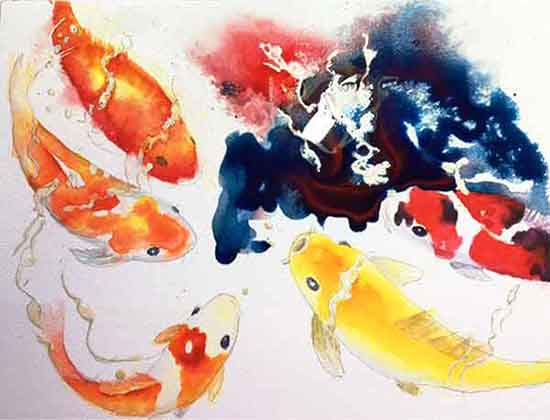 Pouring paint is lots of fun! Pouring the watercolor background around the Koi.
