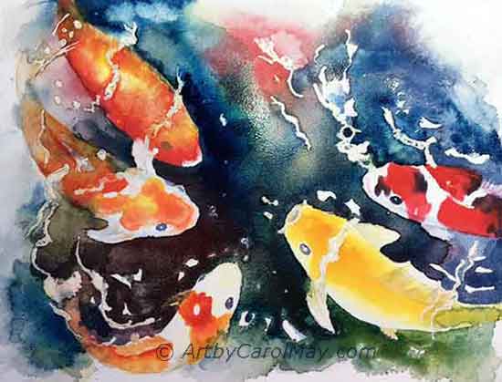 Let the poured paint dry. Pouring watercolor for the koi fish background.