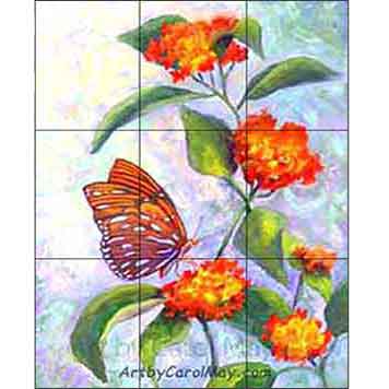 This painting places the butterfly at an intersection of a vertical third line.