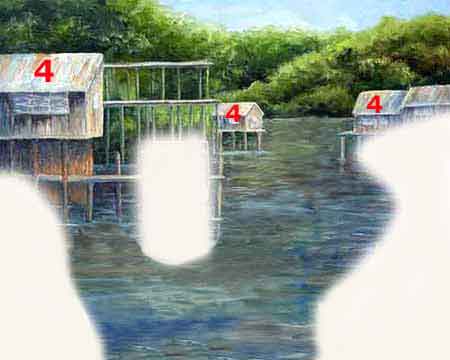 The stilts of the houses and the dock are painted into the water. Paint the stilt houses around the edges of the water.