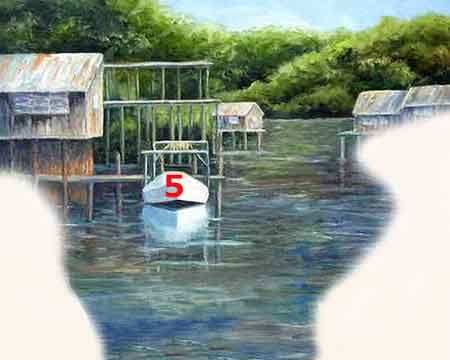 Paint the boat on the water and its reflection into the water. Paint the boat and its reflection.