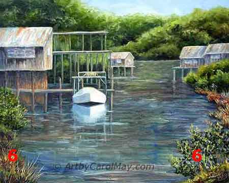 The foliage overhangs the water setting up taller than the surface of the water. Paint the foliage around the edges of the water.