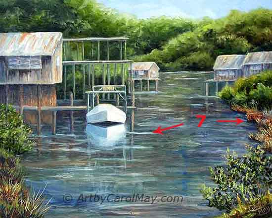 Put highlights on the water and shadows where the grass overhangs the water. Do the final highlights and touch-ups.