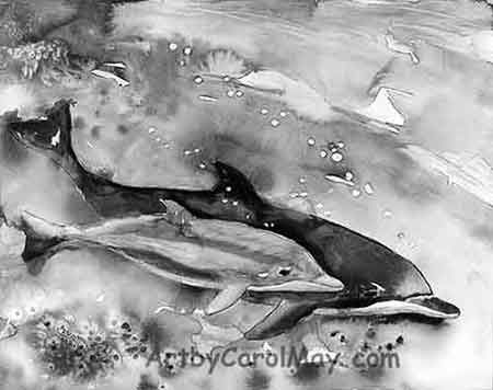 gray-scale of Born Free dolphin painting by Carol May Grey-scale showing the values of the dolphin painting.