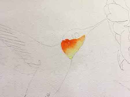 Start painting the watercolor hummingbird on his throat.