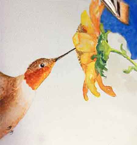 Start painting the background around the flower and hummingbird.