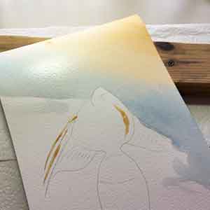 Add blue farther down the paper. Continue painting the background graded wash down the paper.