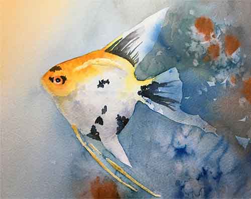 Paint black spots on the body and into the fins. Continue painting the black areas of the Koi Angelfish.