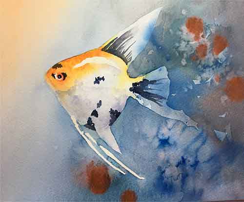 Take the masking fluid off with a dry finger or a rubber cement pickup tool. Remove the masking fluid.