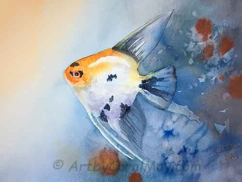 Finish painting the fins, tail and feelers of the angelfish. Detail and finish your painting.