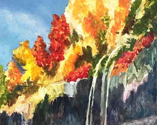 Paint the darker colors on the foliage. Start painting the foliage above the waterfall.