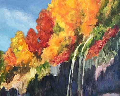 Paint the highlight colors on the left of the trees. Continue painting the tree foliage.