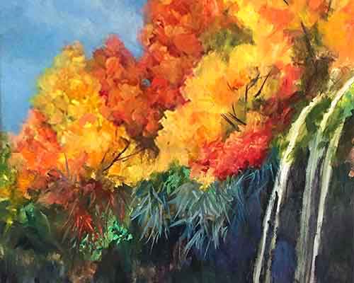 Detail some small foliage at the top of the cliff. Paint more foliage above the waterfall.