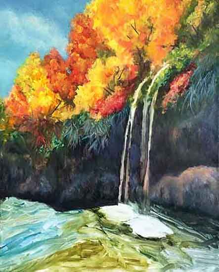 The foliage is finished, next we will paint the water with the waterfall. What the painting looked like at the end of day two.