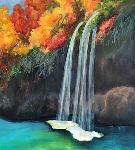 Mix a bluish, grey colors for the shadows of the waterfall. Paint the shadow colors of the waterfall.