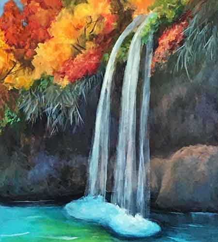 Mix a warm white for the highlights. Paint the highlights on the falling water.